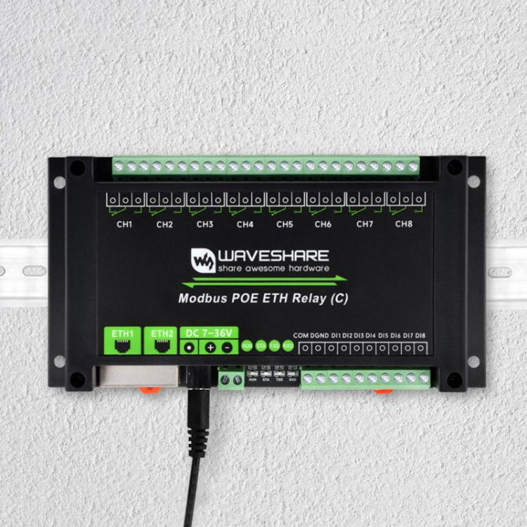 Waveshare Industrial Dual Ethernet Ports 8-ch Relay Module(C), PoE Power Supply, 30544