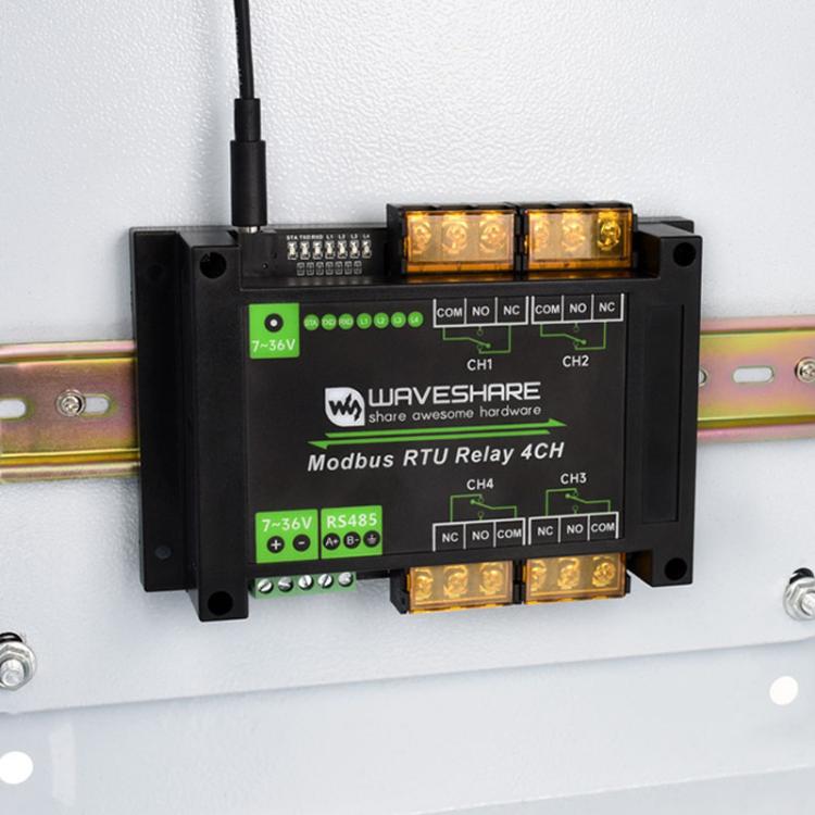 Waveshare Guide-Type 4-Way RS485 High-Current Relay Module, Modbus RTU Protocol, 30461