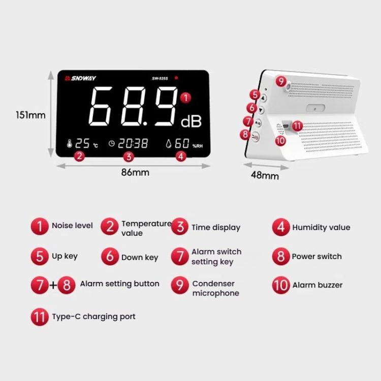 Desktop Noise Meter Temperature and Humidity Meter Decibel Meter Environmental Noise Monitor, SW-525S