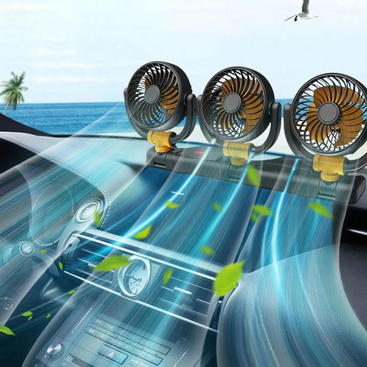 F4505 Ventilateur de voiture à triple tête rotative 3 voies pliable, port USB 5V, port allume-cigare 12V, port allume-cigare 24V
