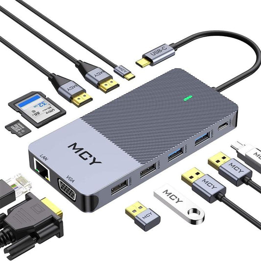 MCY 12-In-1 USB-C Hub With Triple Monitor Support (1000Mbps Lan+VGA+USB3.0/USB2.0+SD/TF+2 HDMI 4K 30Hz+85W PD)