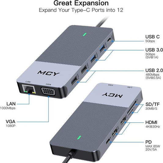 MCY 12-In-1 USB-C Hub With Triple Monitor Support (1000Mbps Lan+VGA+USB3.0/USB2.0+SD/TF+2 HDMI 4K 30Hz+85W PD)
