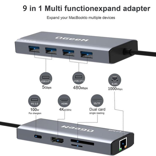 QGeeM 9 In 1 USB-C/Type-C Docking Station Hub RJ45+4K 30Hz HDMI+PD 85W+USB2.0/USB3.0+SD/TF, RJ45 Version