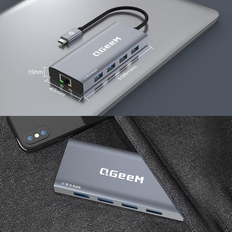 QGeeM 9 In 1 USB-C/Type-C Docking Station Hub RJ45+4K 30Hz HDMI+PD 85W+USB2.0/USB3.0+SD/TF, RJ45 Version