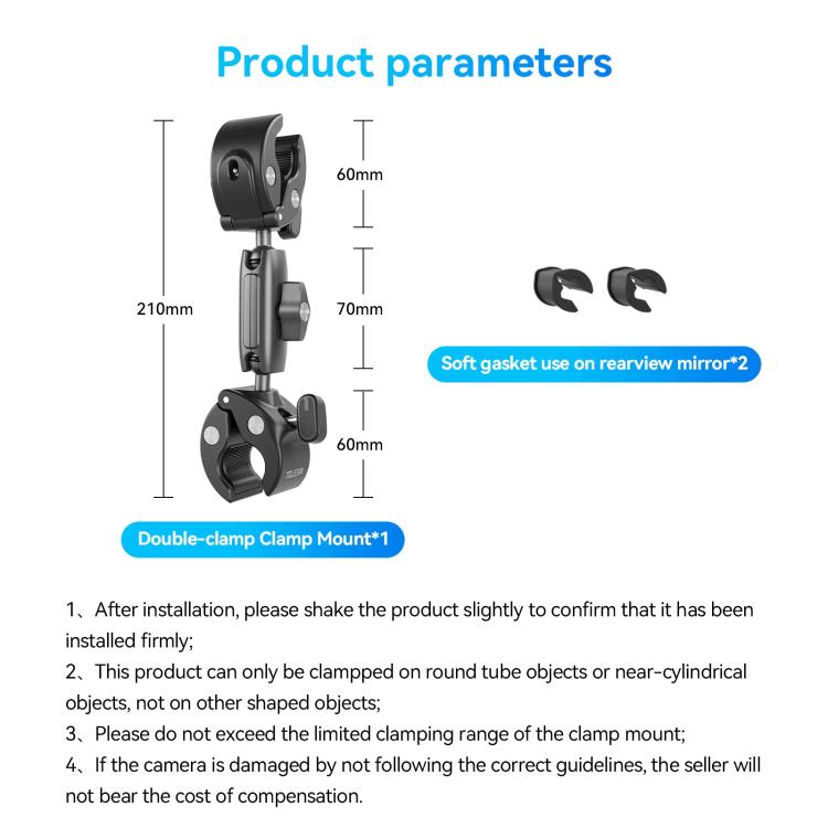 TELESIN Camera Double Clip Crab Clamp 360 Rotating Motorcycle Bicycle Handlebar Mount, Double Clip