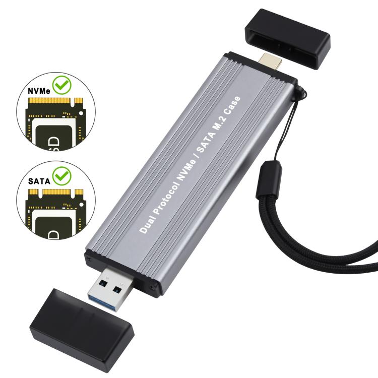10Gbps USB3.1 Gen2 NVMe Hard Drive Enclosure With Direct Plug USB + Type-C Dual Interface, M.2 NVMe, 2230/2242 NVMe, NVMe / SATA M.2