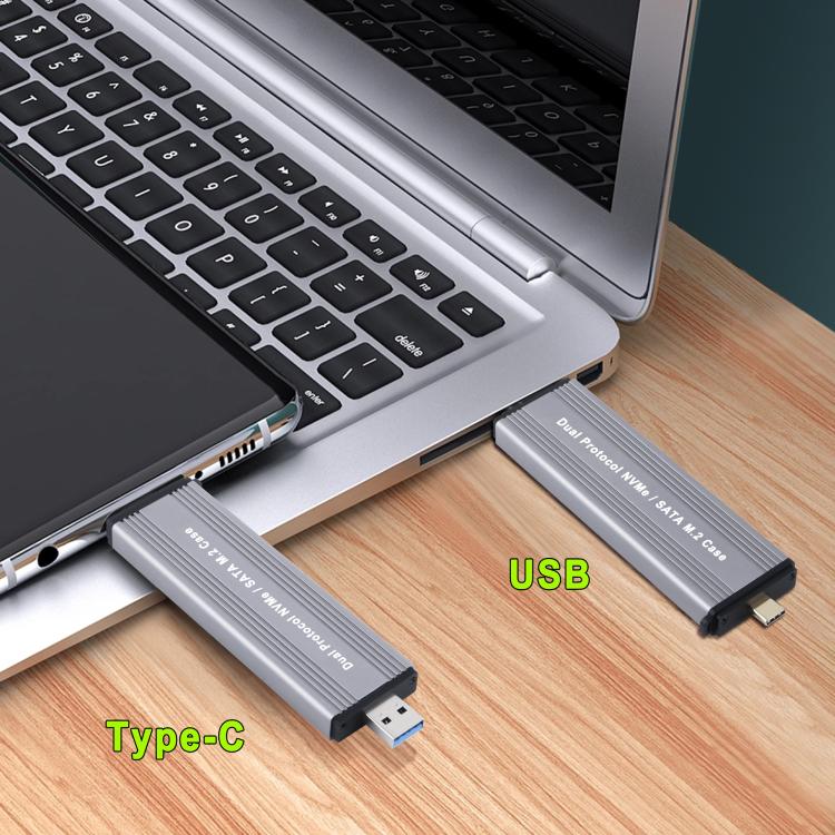 10Gbps USB3.1 Gen2 NVMe Hard Drive Enclosure With Direct Plug USB + Type-C Dual Interface, M.2 NVMe, 2230/2242 NVMe, NVMe / SATA M.2