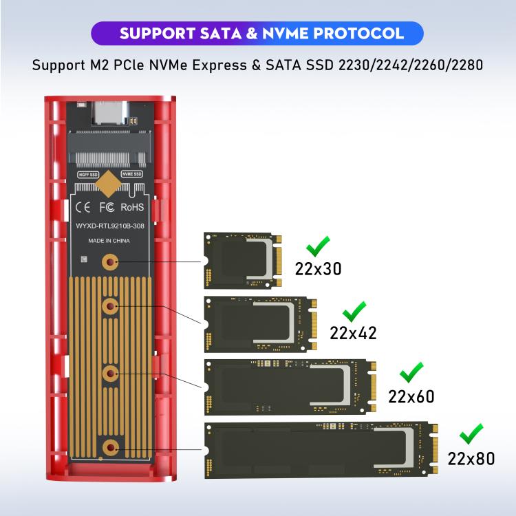 M.2 NVMe/SATA SSD Enclosure USB-C 10Gbps External Case Supports Up To 2TB, With USB-A To Type-C Cable, With Type-C Cable, With 2 Cables, With 2-in-1 Cable