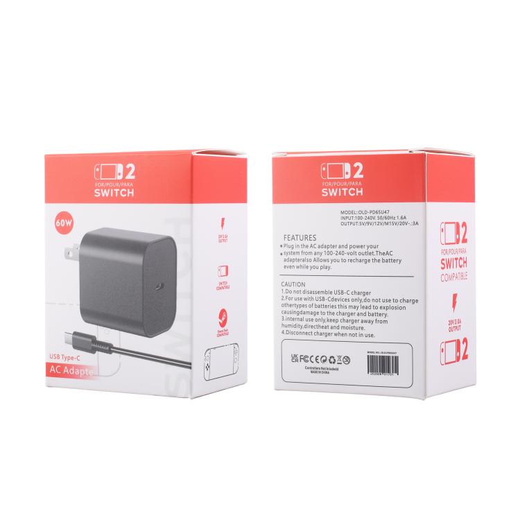 For Nintendo Switch 2 Fast Charger 60W Power Adapter Wall Plug With USB-C Cable, EU Plug, US Plug, UK Plug