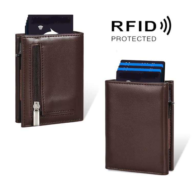 Pop-Up RFID Blocking Card Bag Wallet Genuine Leather & Aluminum Card Holder Zipper Coin Bag