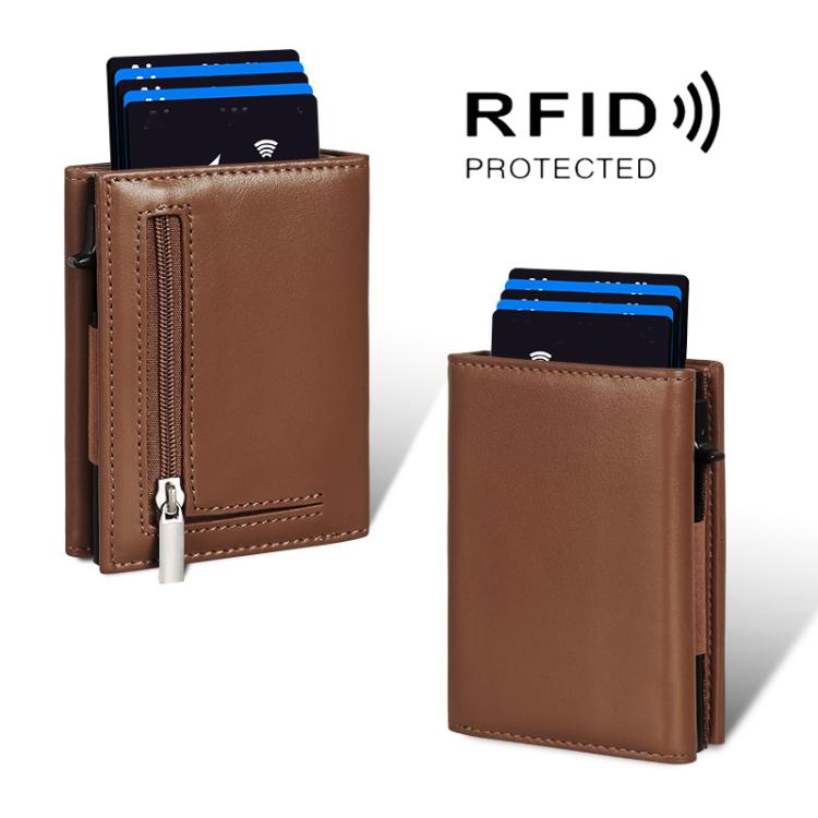 Pop-Up RFID Blocking Card Bag Wallet Genuine Leather & Aluminum Card Holder Zipper Coin Bag