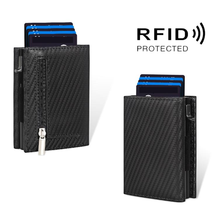 Pop-Up RFID Blocking Card Bag Wallet Genuine Leather & Aluminum Card Holder Zipper Coin Bag