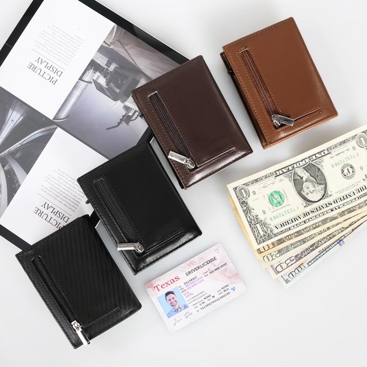 Pop-Up RFID Blocking Card Bag Wallet Genuine Leather & Aluminum Card Holder Zipper Coin Bag