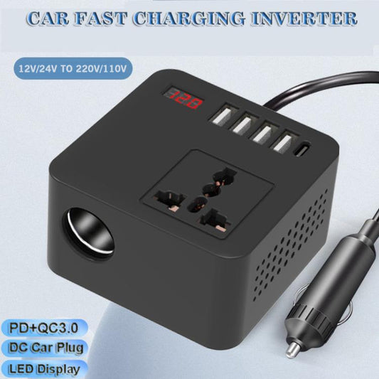Gurxun 12/24V To 110/220V Multi-Function Car Fast Charger With 4 USB+Type-C+Universal Socket