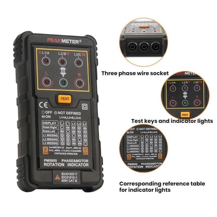 PEAKMETER Three-phase AC Motor Rotation Phase Sequence Tester, PM5900