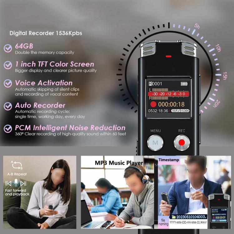 Portable HD Noise-Cancelling Voice-Activated Digital Voice Recorder For Conferences, 64GB, 128GB
