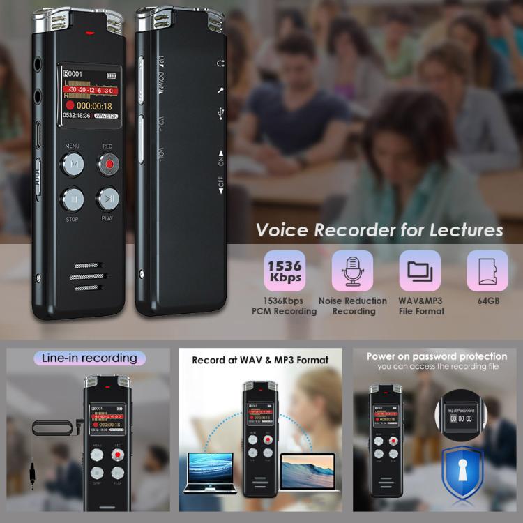 Portable HD Noise-Cancelling Voice-Activated Digital Voice Recorder For Conferences, 64GB, 128GB
