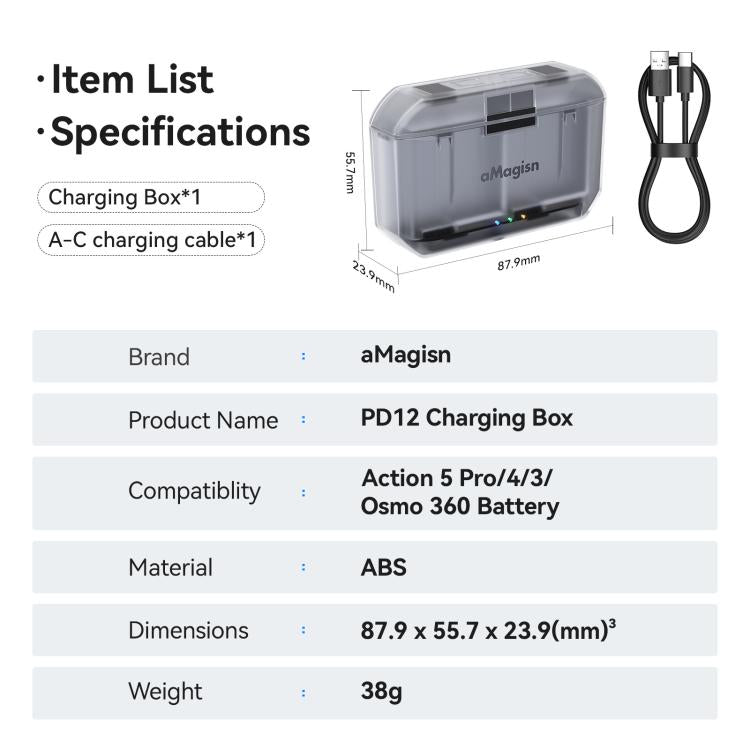 AMagisn PD12 Charging Case Battery Charger For DJI Osmo 360/ Action 5 Pro / 4 / 3, PD12