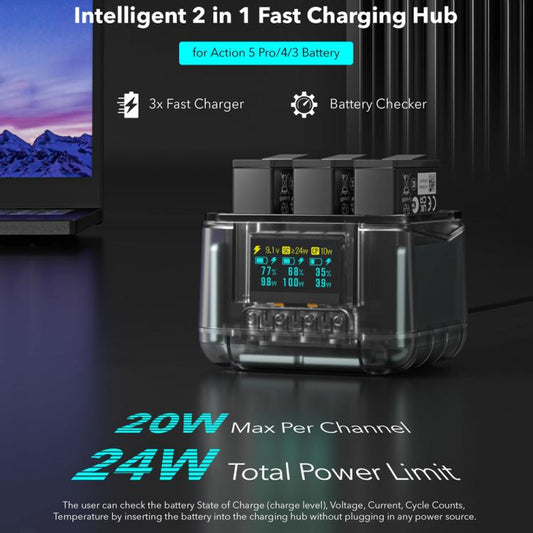 SYMIK Fast Charging Case For DJI Osmo Action 5 Pro / 4 / 3 Three Channel Battery Charger With 0.96-Inch OLED Screen