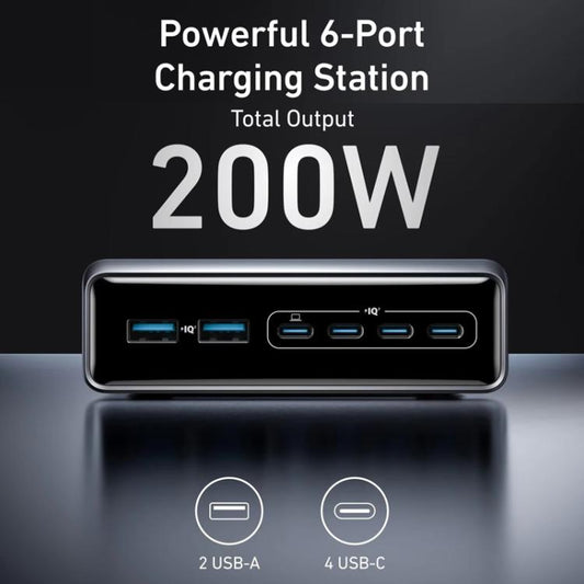 Prime 200W Gallium Nitride Desktop Charger 4 Type-C+2 USB 6 Ports Charging Stand, US Plug, A2683