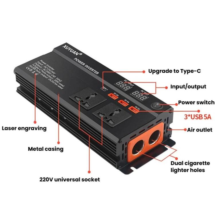 XUYUAN 12V / 24V To 220V Car Power Inverter LED Display Power Converter