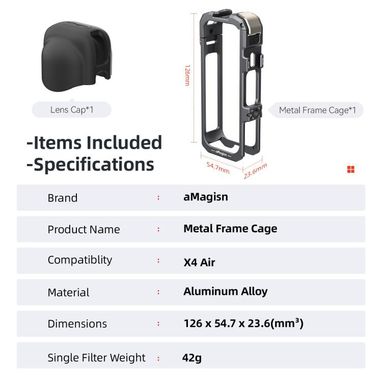 For Insta360 X4 Air aMagisn Quick-Release Metal Cage Wind Noise Reduction Expandable Frame with Lens Cap