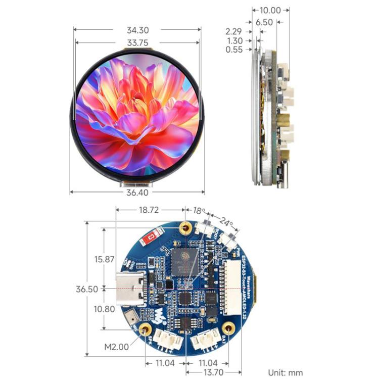 1.32 Inch AMOLED Round Touch Display Development Board, 32767