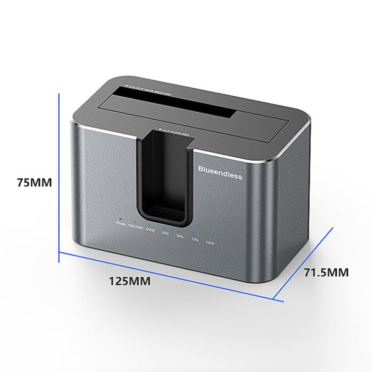 Blueendless HD01N Dual-Bay 2.5/3.5 Inch SATA Hard Drive Enclosure M.2 NVMe SSD Reader Offline Cloning Device, US Plug, EU Plug, UK Plug