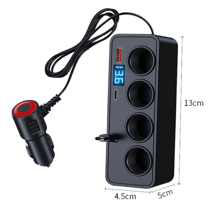 BY-1847 120W 1-To-4 Retractable Car Cable Digital Display Cigarette Lighter Car Charger