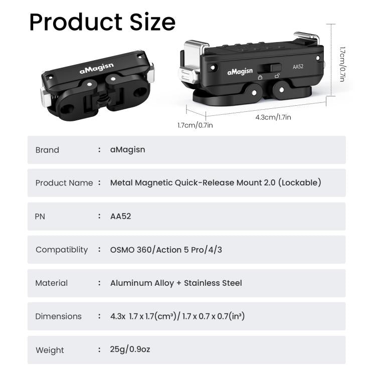 aMagisn Metal Magnetic Quick Release Mount 2.0 Lockable Adapter for DJI Osmo 360/ Action 5 Pro/4/3, For DJI Osmo 360/ Action 5 Pro/4/3
