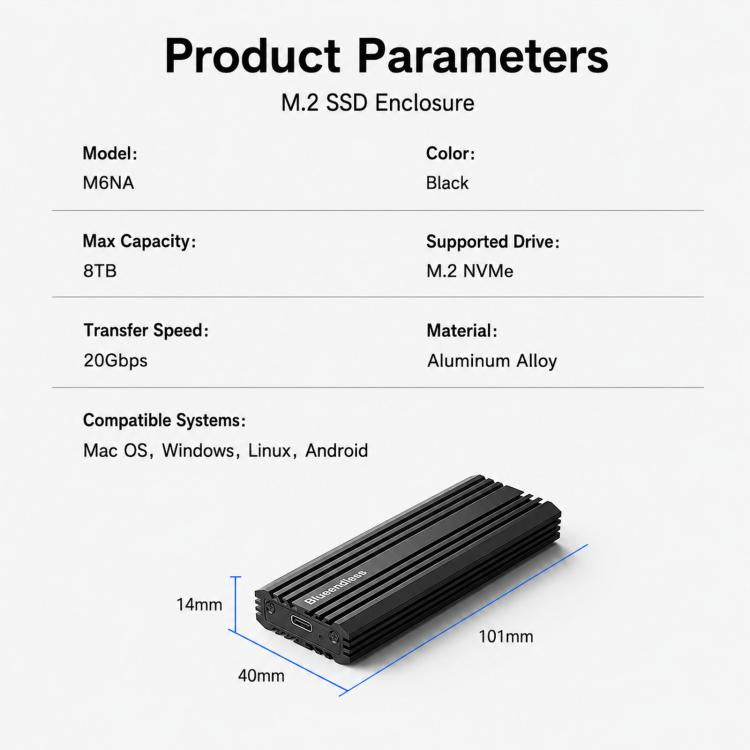 Blueendless M6NA 20Gbps M.2 NVMe SSD Enclosure, USB 3.2 Gen 2x2 Type-C External Hard Drive Case, Aluminum Case For 2230/2242/2260/2280 Up To 8TB, M6NA