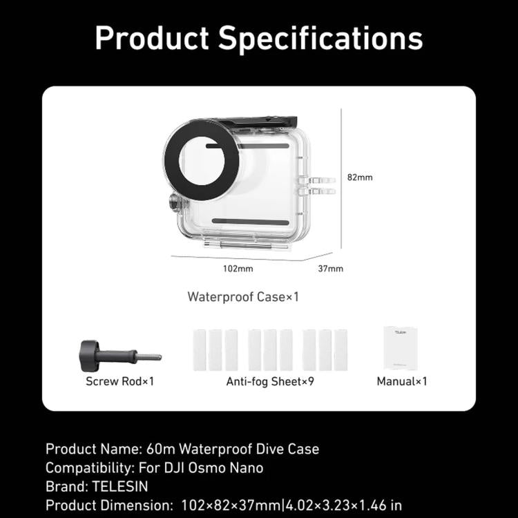 TELESIN Boîtier étanche 60 m pour DJI Osmo Nano IPX8 Boîtier de plongée sous-marin Housse de protection anti-buée pour caméra d'action