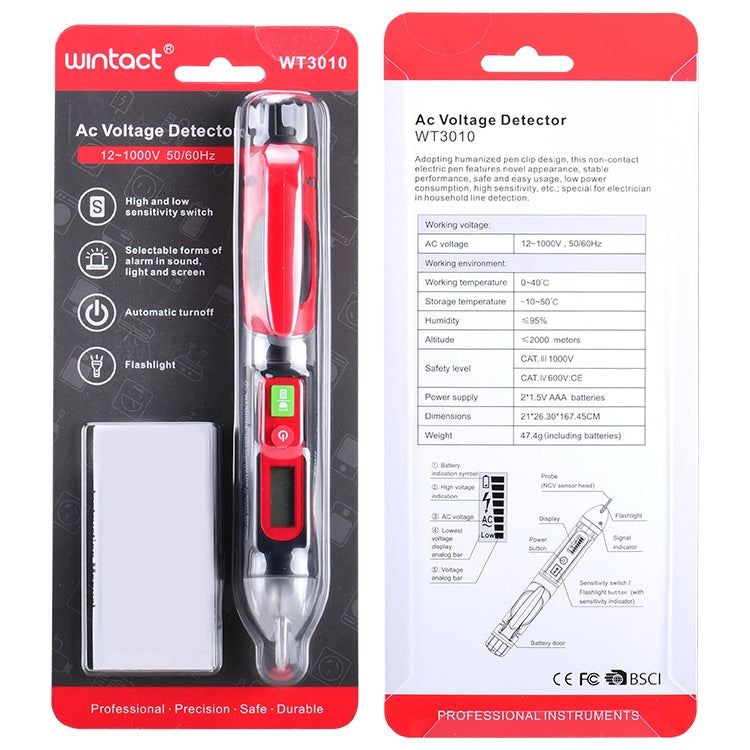 WINTACT WT3010 LED AC Voltage Tester Non-Contact Detector Pen 12-1000V AC Voltage Detector, WINTACT WT3010