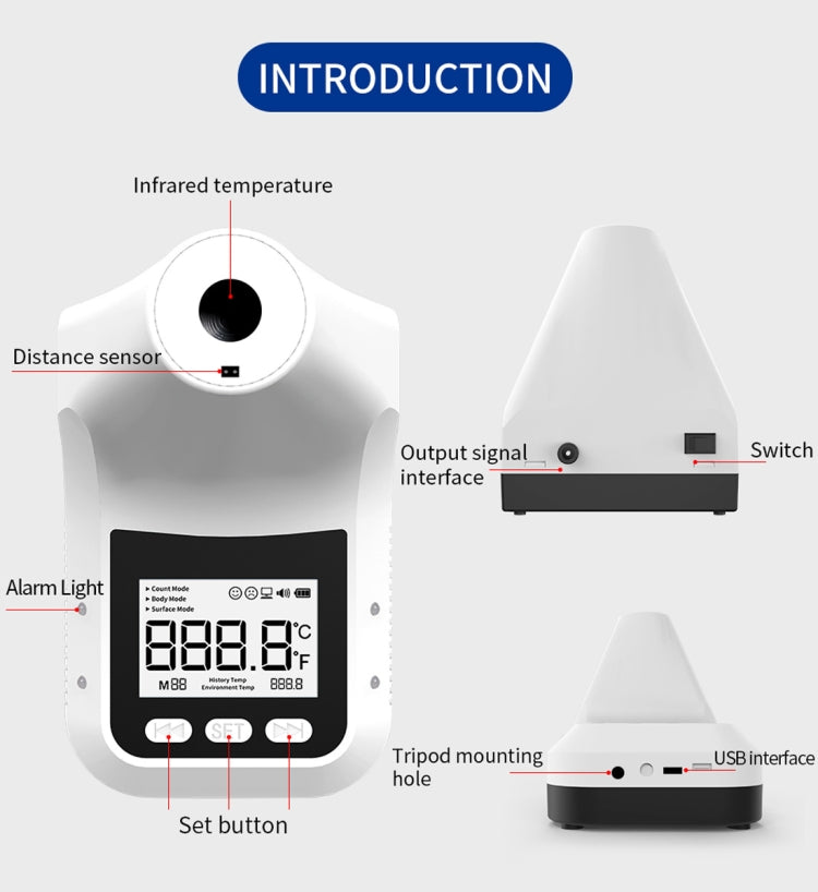 K3 Pro Handsfree Non-contact Forehead Body Light-sensitive Distance Sensor Infrared Thermometer, 2.8 inch LCD Display Screen, K3 Pro
