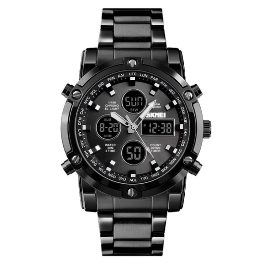 SKMEI 1389 Multifunctional Men Business Digital Watch 30m Waterproof Large Dial Wrist Watch with Stainless Steel Watchband , 1389 Black, 1389 Blue, 1389 Silver
