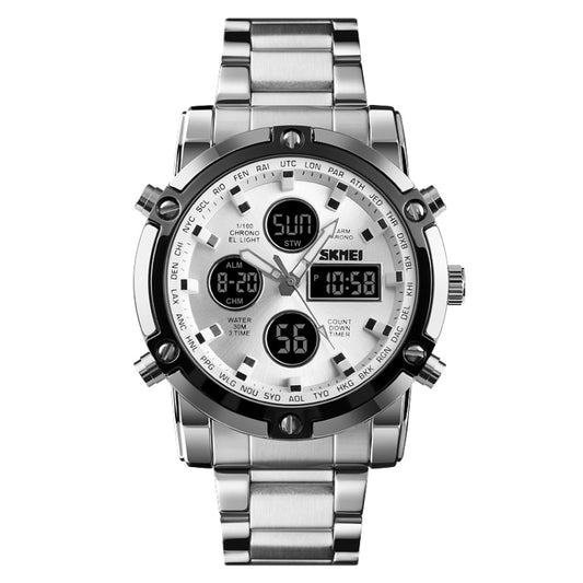 SKMEI 1389 Multifunctional Men Business Digital Watch 30m Waterproof Large Dial Wrist Watch with Stainless Steel Watchband , 1389 Silver, 1389 Black, 1389 Blue