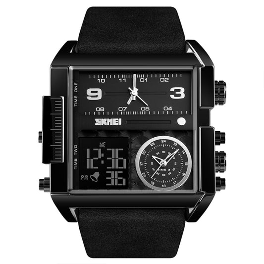 SKMEI 1391 Multifunctional Men Business Digital Watch 30m Waterproof Square Dial Wrist Watch with Leather Watchband
