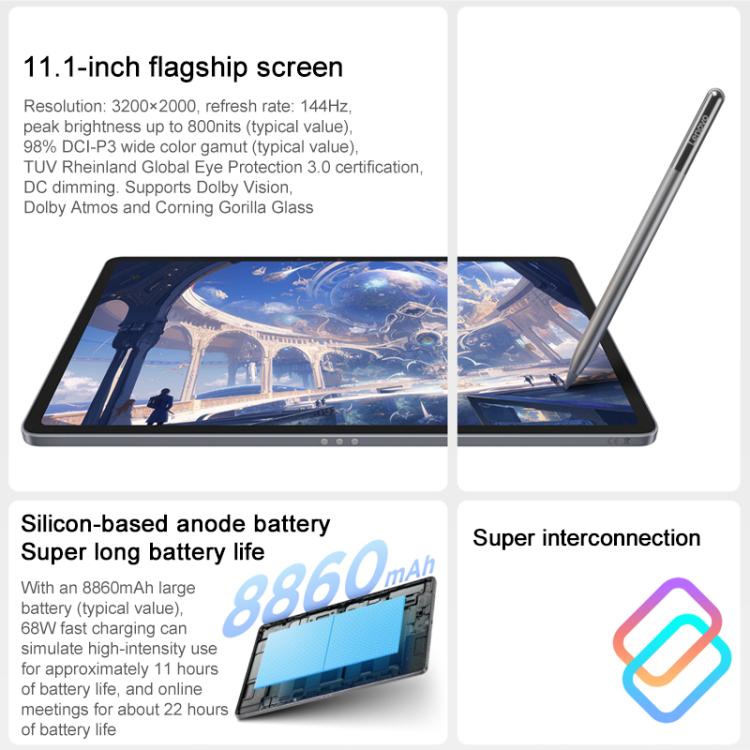 Lenovo Xiaoxin Pad Pro GT 11.1 inch WiFi Tablet, 8GB+128GB, Android OS, Qualcomm Snapdragon 8 Gen3 Octa Core,US Plug, 8GB+128GB
