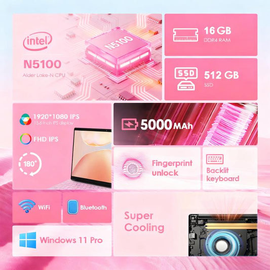 Ordinateur portable GXMO T152J 15,6 pouces, 16 Go+512 Go, Windows 11 Pro Intel Celeron N5100 Quad Core, prise en charge du déverrouillage par empreinte digitale, prise UE, 16 Go+512 Go, prise UE