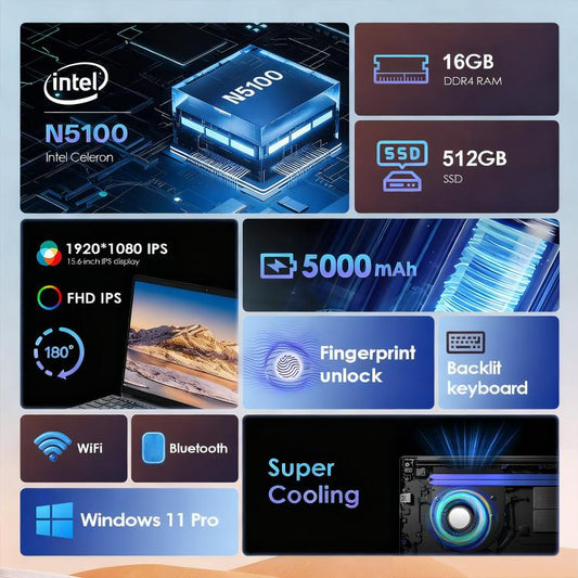 Ordinateur portable GXMO T152J 15,6 pouces, 16 Go+512 Go, Windows 11 Pro Intel Celeron N5100 Quad Core, prise en charge du déverrouillage par empreinte digitale, prise britannique, 16 Go+512 Go, prise britannique