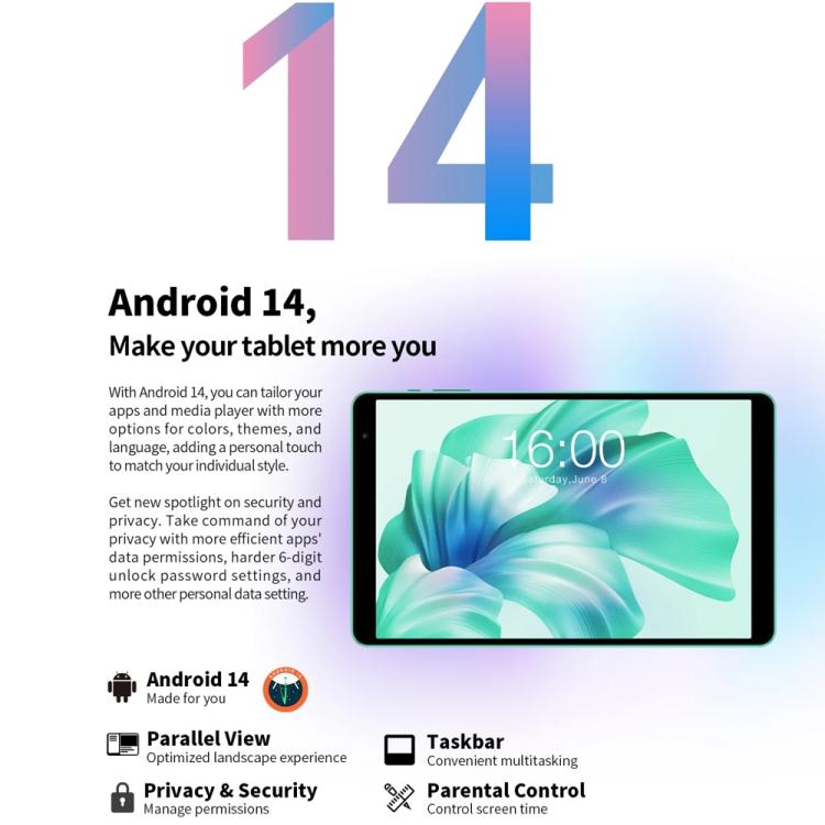 Teclast P85 Tablet PC 8 inch WiFi6, 3GB+64GB, Android 15 Allwinner A333 5-Core(Mint Green), P85