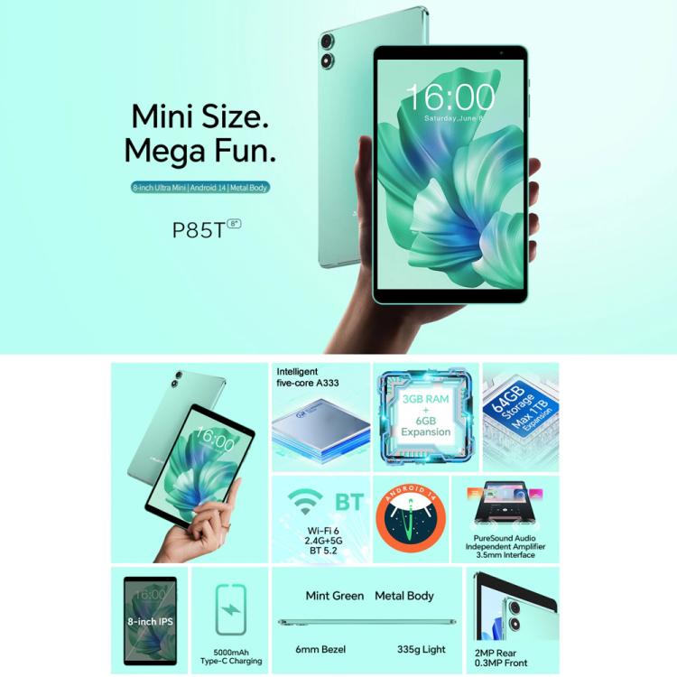 Teclast P85 Tablet PC 8 inch WiFi6, 3GB+64GB, Android 15 Allwinner A333 5-Core(Mint Green), P85