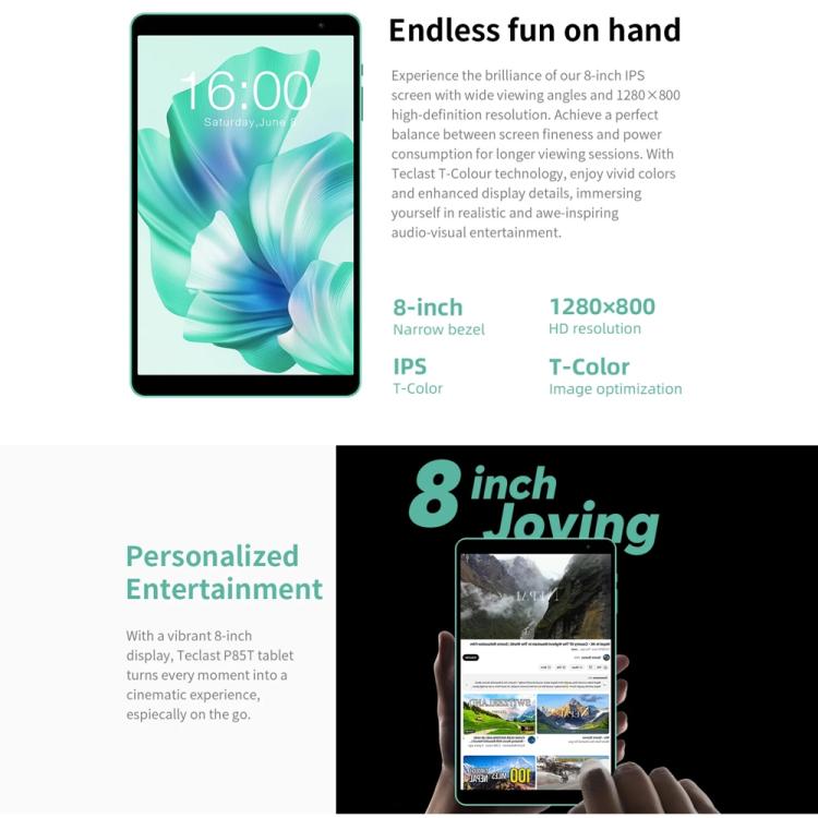 Teclast P85 Tablet PC 8 inch WiFi6, 3GB+64GB, Android 15 Allwinner A333 5-Core(Mint Green), P85