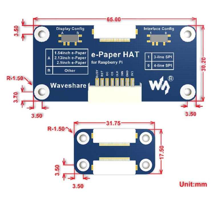 Écran E-Ink HAT 7,5 pouces 640x384 de Waveshare pour Raspberry Pi, tricolore, interface SPI