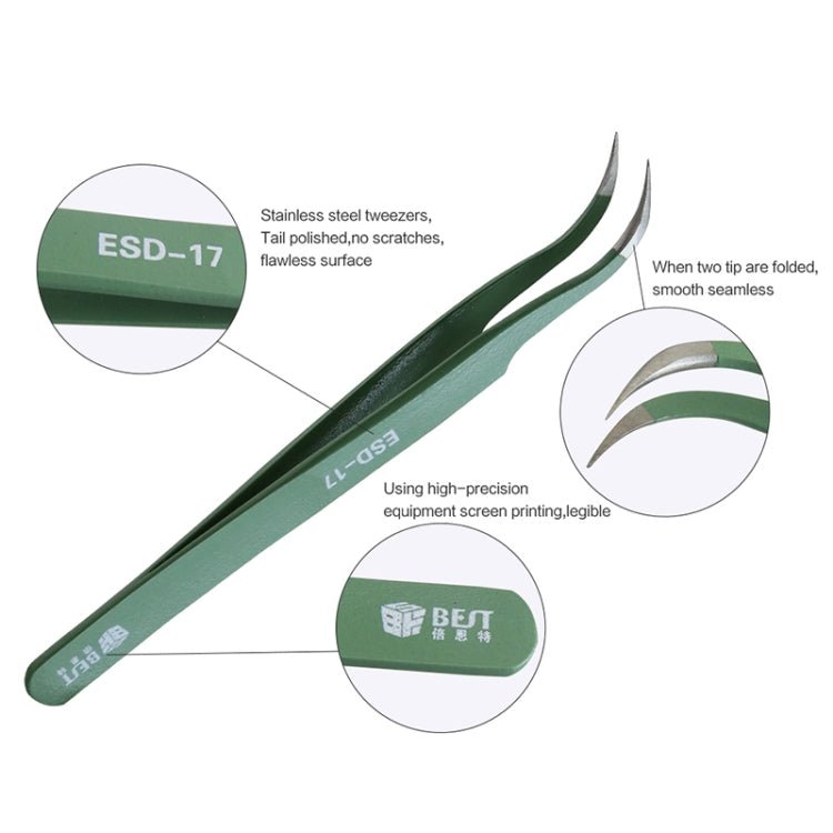 BEST BST - 17 Precision Anti - static ESD Stainless Steel Tweezers, BST - 17 - ORIWHIZ