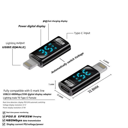Charging Adapter with Digital Display, 8 Pin Male to Type - C Female 35W, Type - C Male to 8 Pin Female 35W, Type - C Male to Type - C Female 140W - ORIWHIZ