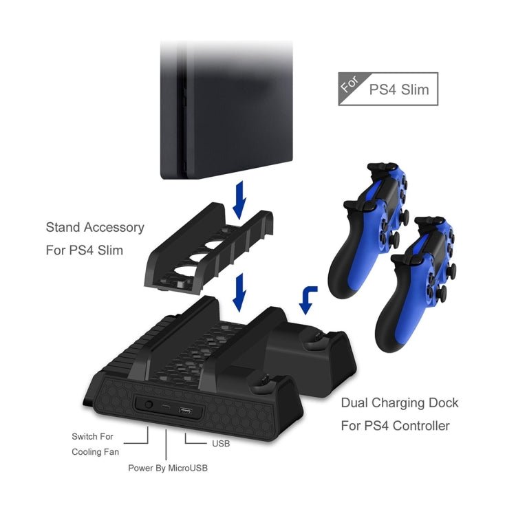 DOBE TP4 - 882 3 in 1 Game Console Cooling Fan + Game Storage Slots + Game Controller Charging Dock for Sony PS4 / PS4 Pro / PS4 Slim, For PS4 / PS4 Pro / PS4 Slim - ORIWHIZDOBESony AccessoriesSony Accessories Charger & Power