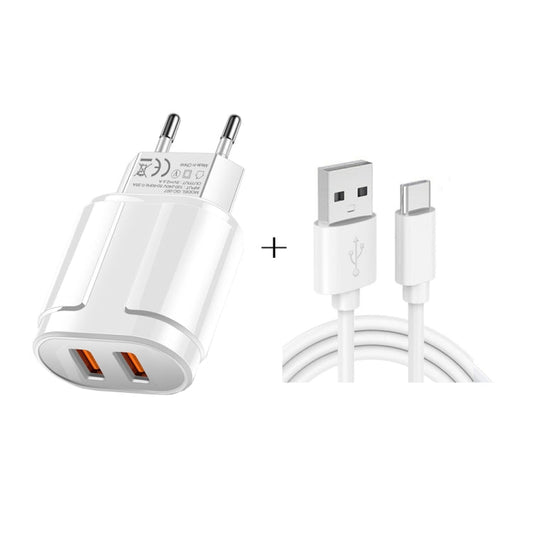 Dual USB Portable Travel Charger + 1 Meter USB to Type - C Data Cable, EU Plug - ORIWHIZ