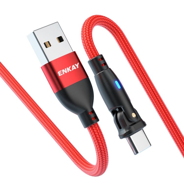 ENKAY 180 Degrees Rotating USB to Type - C 3A Fast Charging Data Cable with LED Light, 1m, 2m - ORIWHIZ