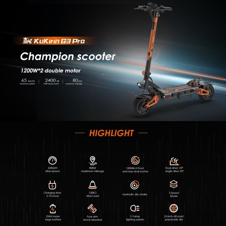 EU Warehouse Kukirin G3 Pro 10 inch Tires 2400W 52V 23.4AH Three - speed Folding Electric Offroad Scooter with LED Display, G3 Pro - ORIWHIZ